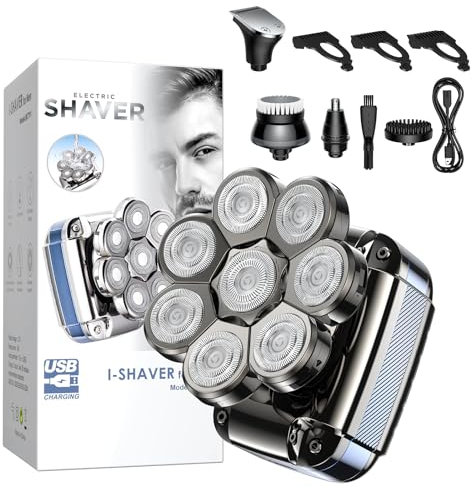 Glatzen Rasierer Herren Elektrisch - IPX7 Wasserdicht 5 in 1 LED Anzeige mit 8 Scherköpfe für Glatze Nass Trocken (silver-blue)