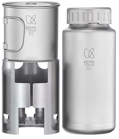 Keith Titanium Ti3070 Nesting Camp Set - Ultraleichte Plastikfreie Titanflasche, Becher & Holzofen mit Canvas-Tragetasche - Langlebig, Tragbar und Umweltfreundlich für Camping, Wandern &
