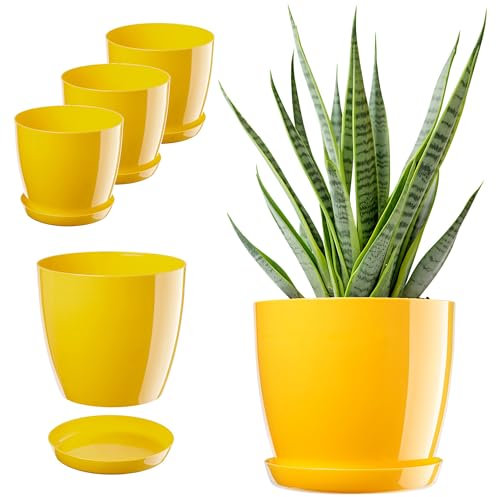 KADAX Lot de pots de fleurs avec soucoupe, bac à fleurs rond en plastique, pot de fleurs pour l'intérieur et plantes d'intérieur, pot pour herbes aromatiques (lot 3 : 28 cm, jaune)