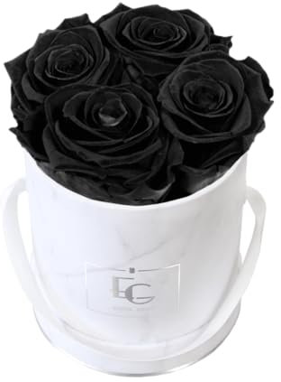 EG EMMIE GRAY Classic Infinity Rosebox | Round | XS | Marble Silver – 4 Infinity Rosen mit langjähriger Haltbarkeit, echte Rosen die bis zu 3 Jahre blühen, konservierte Rosen (Black Beauty)
