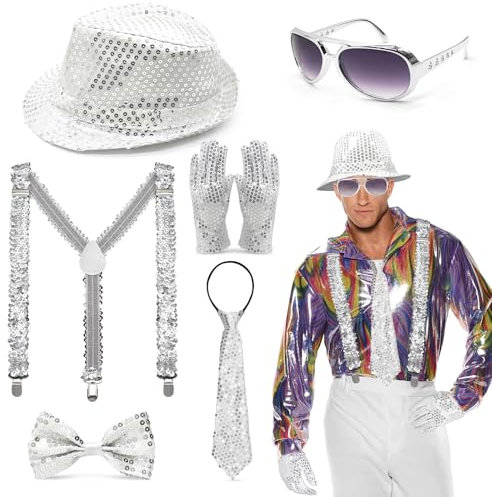6 Stück Disco Glitzer Accessoires Herren Disco Karneval Outfit Accessories mit Hut,Hosenträger,Krawatte,Fliege,Handschuhe,Brille,Pailletten Kostüm Silber für Fasching Party,Jazz Performence (Silbrig)
