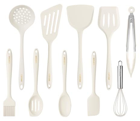 CAROTE Juego de utensilios de cocina antiadherentes, utensilios de cocina de silicona resistentes al calor, juego de 10 piezas, blanco, espátula sin olor, volteador