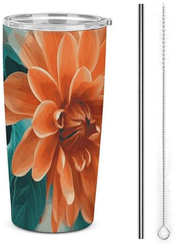 Coffee Cups with Lids Car Cup Stanley Cup Tumble Sealed Double Drinking Lid Stainless Steel Straw Teal And Flower Printed Mugs Fits in Car Cup Holder (20 OZ)