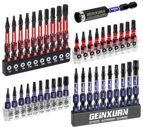 GEINXURN 41 Pieces Muti Torx Screwdriver Bit Set, T7-T40/TT7-TT40 25 mm 50 mm Impact Magnetic Torx Head Power Bits 1 Piece 75 mm Drill Bit Holder, S2 Alloy Steel Star Bit
