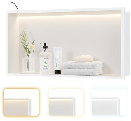 Neohomee Wall Recess Shower Stainless Steel with LED Lighting, Shower Niche White Single Shelf Recessed Recess with Colour Temperature Setting, Storage for Bathroom, 60 x 30 cm
