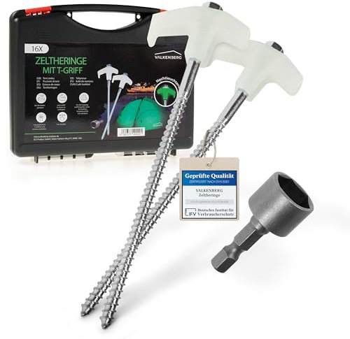 VALKENBERG 16x Schraubheringe Camping [Stahl] - Heringe Camping mit Transportbox und Steckschlüssel - Zeltheringe zum Schrauben für alle Böden - Heringe Zelt sturmsicher und stabil