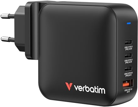 Verbatim Mini GaN Charger 165 W, 4 Ports USB-C Ladegerät, Power Adapter 3 x USB-C & 1 x USB-A, Schnellladegerät Mehrfachstecker, Apple MacBook, Laptop, iPad, iPhone 17/16/15, Samsung, für EU, UK, USA