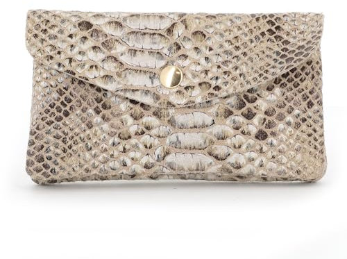 Double Tree Porte-Monnaie Cartes Femme Cuir Véritable de Python - Portefeuille Format Mi-Long Motif Serpent - Compact Pratique - Taupe