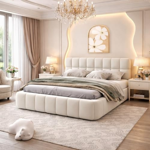 Lit rembourré 160x200cm, Cadre de lit Double avec sommier à Lattes, lit Jeune à Bulles avec tête de lit rembourrée, Convient aux Matelas de 15-20cm, sans Matelas, Tissu en Lin (Beige, 160x200)