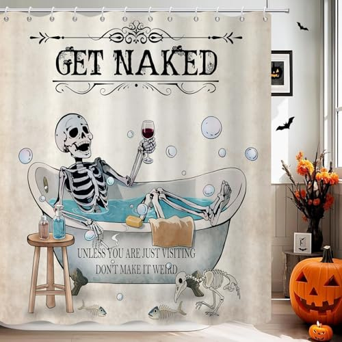 GCIREC Duschvorhang, 120x200cm, Halloween Gothic Lustiges Totenkopf Skelett in der Badewanne Wasserdichter Stoff Maschinenwaschbarer Badezimmervorhang mit Haken