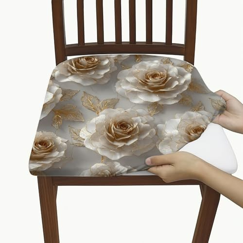 Elegant Floral Chair Seat Covers, Stretch Removable Spandex Cushion Slipcovers with Gold Rose Design, Decorative Chair Covers for Living Room and Dining Room 2PCS