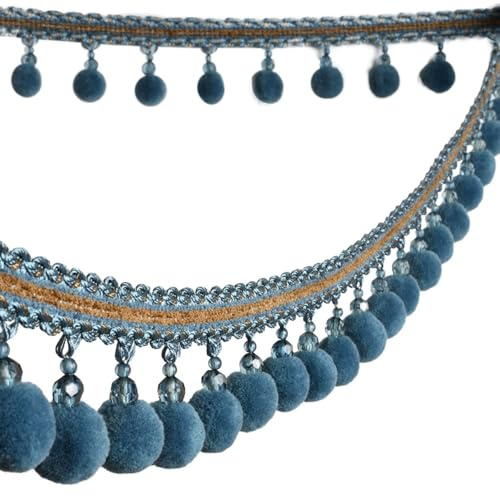 Blausky 5m Boho Bommelborte Quastenborte,Fransenband Meterware,Zierband mit Pompoms und Perlen,Bordüre zum Nähen Spitzenborte für Gardinen Vorhänge DIY Nähen Basteln Heimdekoration,Pfauenblau