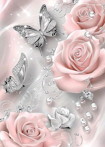 5D Diamond Painting Schmetterling Rosa Rosen, DIY Peinture Diamant für Erwachsene und Anfänger, Rundes Diamant-Malset mit vollem Diamanten, Wanddekorationen und Geschenke für Zuhause, 30x40 cm