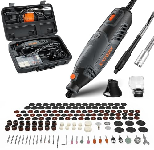 Katerk Herramientas de Amoladora 160W, Kit de Herramienta Rotativa de Velocidad Variable con Eje Flexible, 35000RPM,Mini Amoladora Eléctrica con 155 Accesorios para Grabar, Taladrar, Cortar, Esmerilar