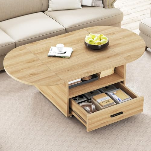 IBF Foldable Coffee Table for Living Room Wooden Coffee Tables 120cm Oak | Coffee Table with Storage Display Shelf, Minimalist Industrial Wooden and Metal Center Table for Living Room Office