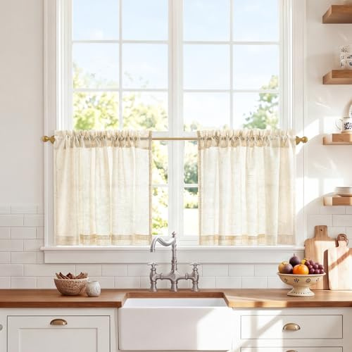 Vangao Scheibengardinen Leinenoptik Beige B90 x H45cm Bistrogardine 2er Set | Landhausstil Boho Lichtdurchlässig Küchengardinen mit Stangendurchzug, Küche Gardinen Kurz für Wohnzimmer Fenster Wohnwagen
