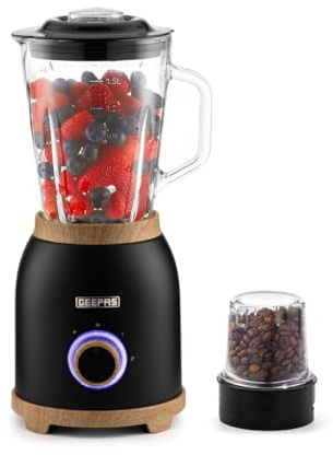 GEEPAS NordiQ 2-in-1 Food Jug Blender | Smoothie Maker with 1.5L Glass Juice Jar & Mini Coffee Spice Grinder Mill | 6 Stainless Steel Ice Crusher Blades | 2 Speeds, Pulse Safe Lock | 800W Black