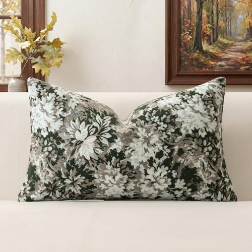 Artscope 1er Set Vintage-Design Blumen Kissenbezug 40x60cm, Weicher Chenille Kissenhülle Zierkissenbezug Sofakissen Dekokissen für Sofa Schlafzimmer Wohnzimmer, Grün