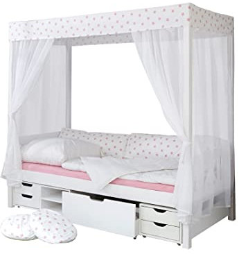 TiCAA Himmelbett Weiß-Rosa 310 Kiefer Weiß (Weiß/Rosa Stern)