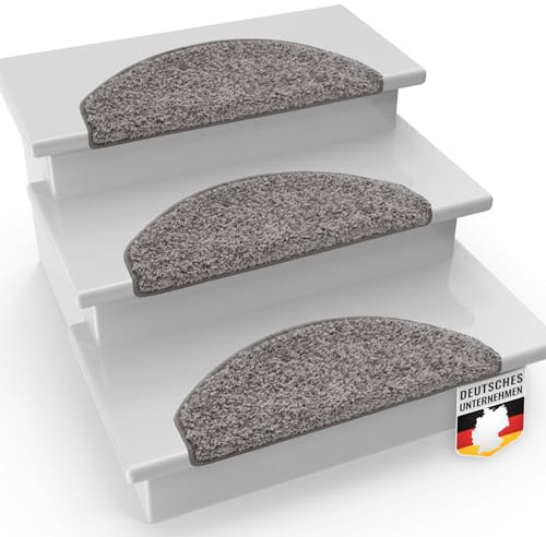 casa pura Shaggy Stufenmatten Barcelona, weicher Hochflor Treppen-Teppich - sauber eingekettelt, Starke Befestigung 1 Stück halbrund - 65 x 23,5cm - Grau