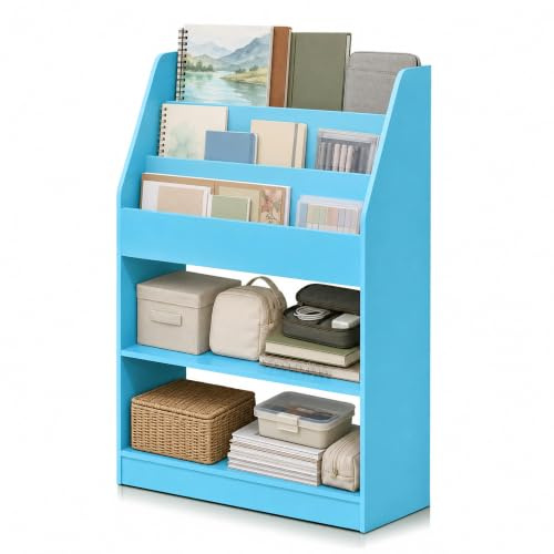 Furinno LOVA Book Shelf, 5-Tier Magazine Bookshelf, Bookcase with Open Shelves Storage, 9.4 x 24.6 x 37, for Living Room, Bedroom, Home Office, Light Blue