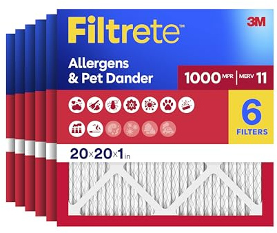 Filtrete 20x20x1 Air Filter MPR 1000 MERV 11, Allergen Defense, 6-Pack (Exact Dimensions 19.69x19.69x0.81)