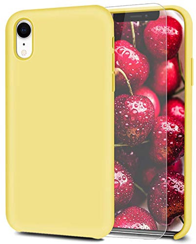 Feyten Coque iPhone XR [avec Verre Trempé], Silicone Liquide Housse Case Anti-Choc Anti-Rayures Protection Complète Cover Étui avec Tissu Microfibre Coussin Coveri (Jaune Citron)