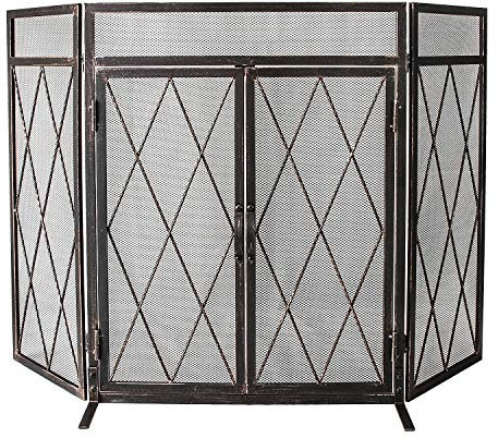 WBHome Paravento a 3 pannelli in ferro battuto con ante grande protezione piatta in metallo decorativo a rete, a prova di bambino, accessorio per stufa a legna da ardere e stufa a legna da ardere