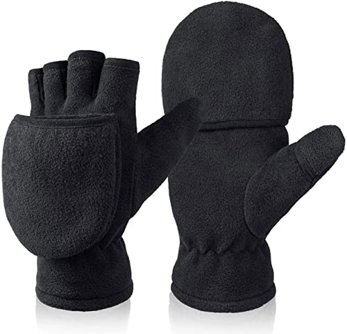 BESSTEVEN Winterhandschuhe mit Flip-Top, warmes Polar-Fleece für den Winter, Laufen, Texten, Fotografieren, für Damen und Herren, Schwarz, X-Large