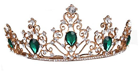Lurrose Brautkrone Vintage Smaragd Prinzessin Tiara Gold Feststellkrone für Hochzeit Party