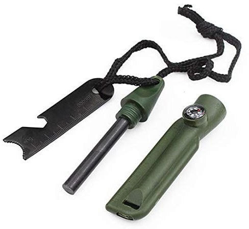 Feuerstarter Feuerstein für Survival Camping Outdoor Bushcraft im Kunststoffgehäuse mit Metallschaber, Kompass, Flaschenöffner - grün/Oliv