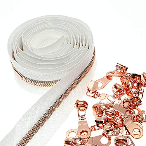 SHUNLI, 5 cerniere a spirale in nylon metallico al metro, nastro bianco con denti oro rosa, 9,1 m con 25 cursori, cerniere di ricambio fai da te per sartoria, cucito, artigianato, borse, borsette