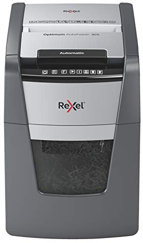 Rexel Optimum AutoFeed+ 90X Automatischer Aktenvernichter CH, 90 Blatt, Sicherheitsstufe P4, Partikelschnitt, für Zuhause/Home Office, 34 Liter Abfallbehälter, mit Schweizer Netzstecker, 2020090XCH