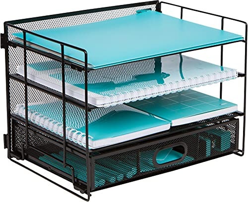 Organizzatore da ufficio per scrivania, Organizer con 4 ripiani e cassetto scorrevole per riporre oggetti da lavoro, cartelline, penne, matite. Organizzatori da scrivania neri per casa o ufficio