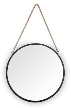 Miroir mural rond Taira, avec cadre en métal noir de 40 cm de diamètre et corde de suspension