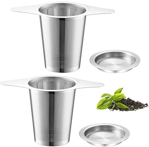 304 Edelstahl Teesieb mit Deckel, 2 Stück, Teefilter Edelstahl Mit Deckel | Doppelgriff, Abtropfschale Inklusive, Geeignet Für Teekanne, Tasse, Losen Tee Und Kaffee