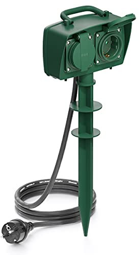 deleyCON 2 Fach Outdoor Steckdose mit Erdspieß Stromverteiler Außenbereich 2X Schutzkontakt Buchse Kindersicherung IP44 Spritzwassergeschützt Witterungsbeständig Garten Terrasse Beet 1,4m Kabel