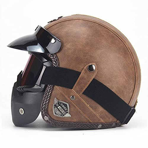 Motorradhelm Retro Jethelm Unisex Vintage Open Face Leder-Helm Winter Winddichter Motorrad Roller Helm, Mit Brille und Maske, ECE Genehmigt Jethelm Für Damen Und Herren M~XXL