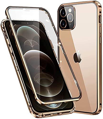 Gypsophilaa Handyhülle für iPhone 13 Hülle Magnetisch Adsorption, Schutzhülle 360 Grad Komplett Schutz Hülle 2 in 1 Metall Bumper mit Doppelte Seiten Gehärtetes Glas Schutz Cover,Gold