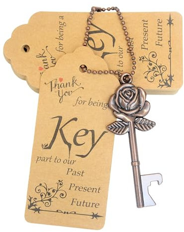 Aokbean 100 Sets Wedding Favors Rose Key Bottle Opener for Bulk Wedding Guests Gifts Vintage Skeleton Key Opener with Escort Tag Cards and Keychain (Copper)
