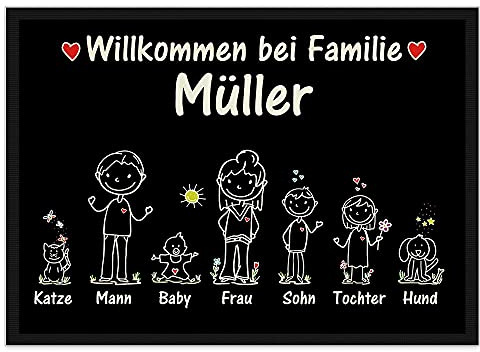 Fußmatte selbst gestalten - Familien Namen 1,2 oder 3 Kinder, Hund, Katze- Willkommen - individuell bedruckt - Strichmännchen, Geschenk Einzug, Richtfest, Geburtstag I Personalisiert, 120 x 80 cm