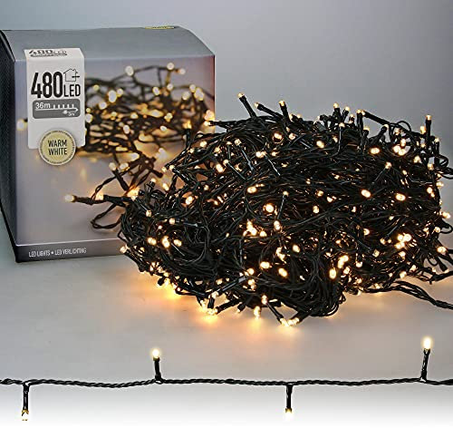 ECD Germany LED Lichterkette für Weihnachten mit 480 LEDs, 36m, Warmweiß, für den Innen- und Außenbereich IP44, Weihnachtsbeleuchtung Weihnachtslichterkette für Weihnachtsbaum, Kette auf Grünem Kabel