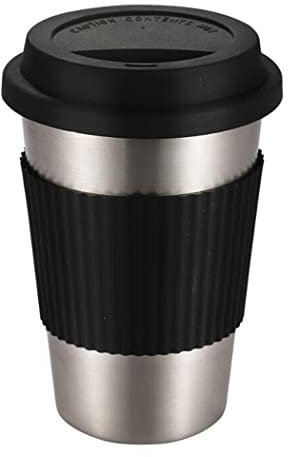 Hoshen Tazza da 17 once (con coperchio in silicone), tazza da caffè in acciaio inossidabile, sottobicchiere antiscottatura, tazza per bevande, nero