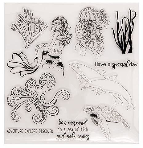 arriettycraft Seaworld Gummistempel, Motiv: Meerjungfrau, Qualle, Oktopus, Delfin, Schildkröte, Meeresunkraut, transparent, für Sammelalben, Fotoalben, dekorative Kartengestaltung, Stempel