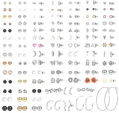 MILACOLATO 93 Paar Ohrringe Damen Set, Ohrstecker Set Edelstahl Für Ohrlöcher Ohrringe für Damen Mädchen Niedliche Einfache Faux Pearl Creolen Mond Sterne CZ Kpop Ohrstecker Silber Schmuck Set