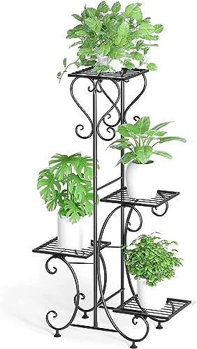 unho Blumenregal Metall, Pflanzenregal mit 4 Ebenen, Blumenständer Blumentreppe Pflanzenständer für Garten Balkon, Schwarz