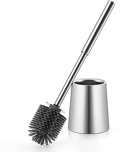 Siapapla Escobilla de Baño,Escobilla WC con Mango y Portaescobillas de Acero Inoxidable 304,Escobillero Baño con Cabezales de Cepillo Reemplazables,Cerdas de Silicona de Primera Calidad,Plata
