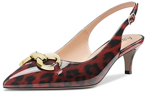 Aachcol Donna Spillo Medio Basso Gattini Tacco Heel Pumps Laccio Cinturino alla Caviglia Slingback a Punta Dress Scarpe Ufficio Feste da Matrimonio Verniciata Rosso Leopardo 5 CM 44 EU