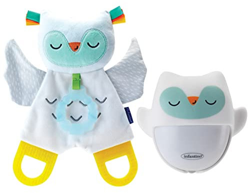 Infantino Coffret Doudou Lumineux et Veilleuse Murale Nomade Rechargeable Chouette, s'Alllume Automatiquement dans le Noir, 60 Heures d'Autonomie