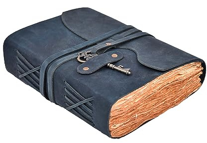 LEATHER VILLAGE Vintage Leather Journal – 200 Handmade Vintage Deckle Edge Paper – Leather bound Journal For Women Men – Brass Key Closure - Book of Shadows - Blue - 13X8 inches | Handmade Deckle Edge paper, 200 Blank Pages , Grimoire, Book Of Shadows, Sketchbook, Scrapbook, Leather Journal , Blue 13x8